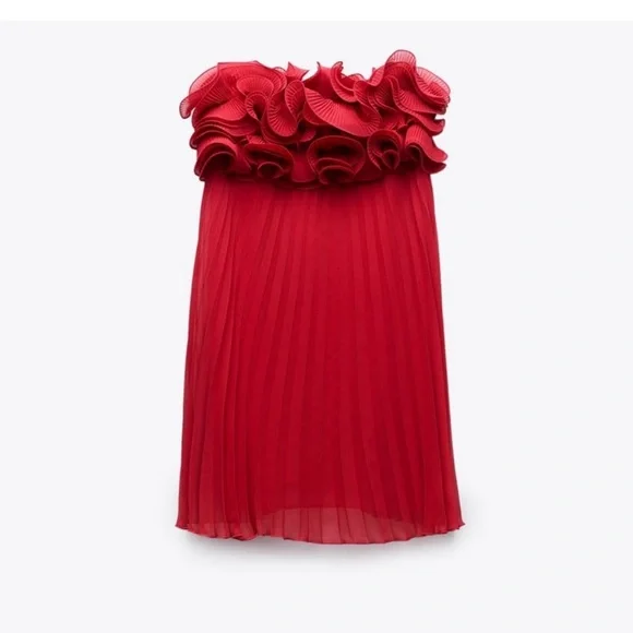 NWT Zara Ruffle Strapless Pleated Mini Dress - Picture 5 of 13